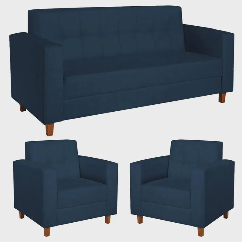 Kit Sofá 2 Lugares e 2 Poltronas Denver Suede Azul Marinho - adj Decor