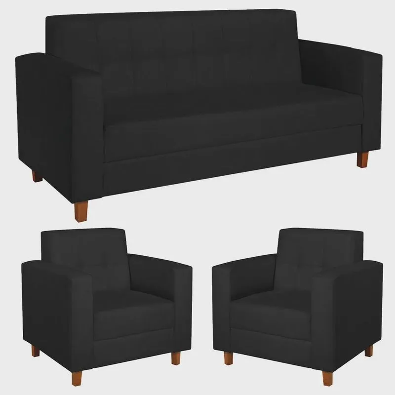 Kit Sofá 2 Lugares e 2 Poltronas Denver Suede Preto - adj Decor