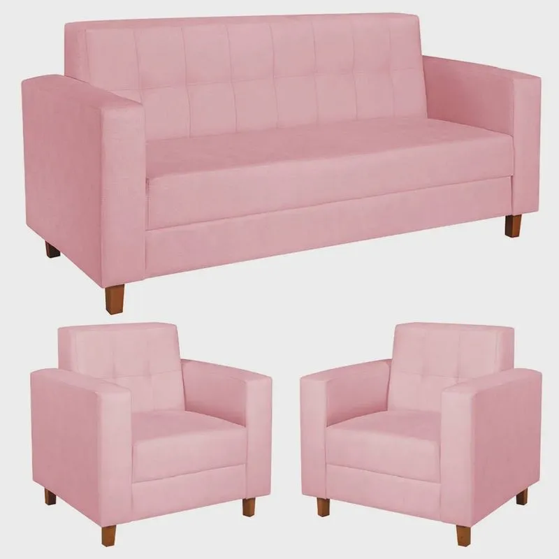 Kit Sofá 2 Lugares e 2 Poltronas Denver Suede Rosa Bebê - adj Decor