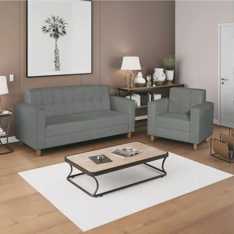 Kit Sofá 2 Lugares e Poltrona Denver Corano Cinza - adj Decor