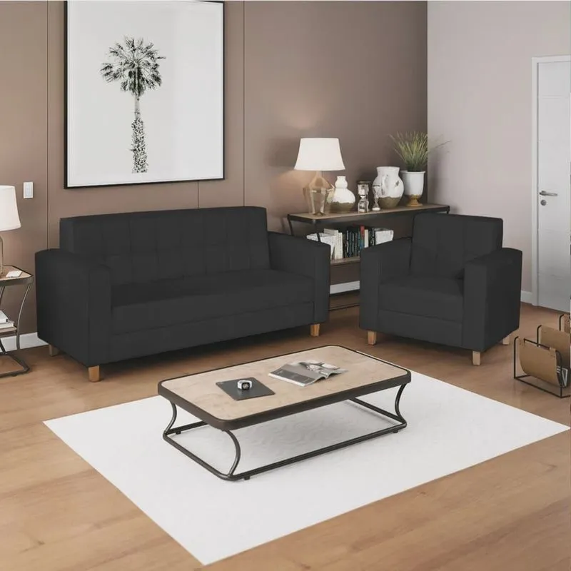 Kit Sofá 2 Lugares e Poltrona Denver Corano Preto - adj Decor