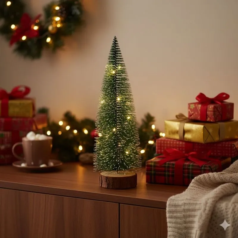 Árvore De Natal Decorativa Com Led E Base De Madeira (20cm) - Iluminação A Bateria - Enfeite De Mesa