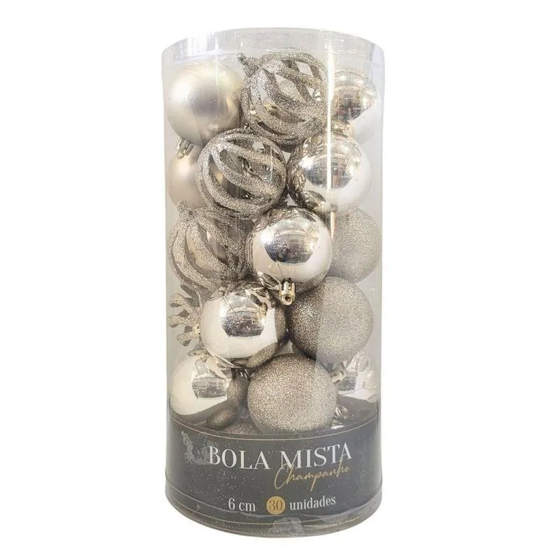 Conjunto 30 Bolas De Natal Champanhe Luxo Multi-texturas 6cm Glitter, Fosca, Lisa E Vazado Arabesco