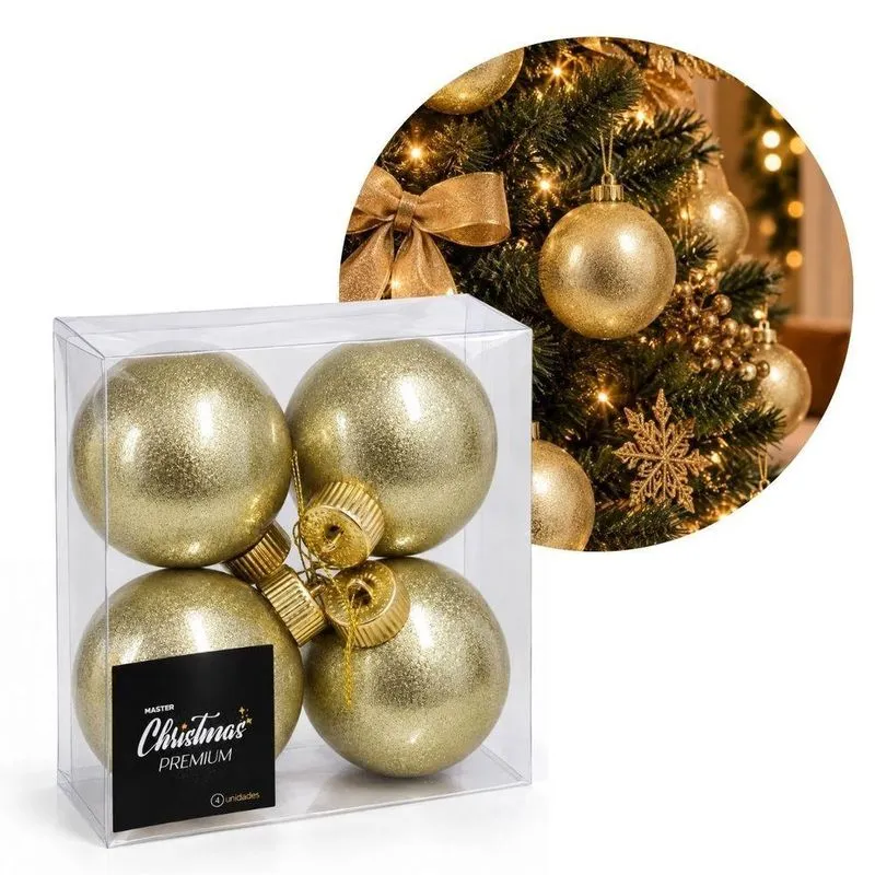 Jogo De Bola De Natal Decorativa Luxo Perolado Com Glitter Interno Dourado 8cm