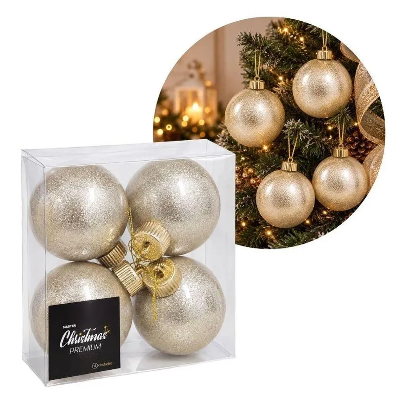 Jogo De Bola De Natal Decorativa Luxo Perolado Champanhe Master Christmas 8cm