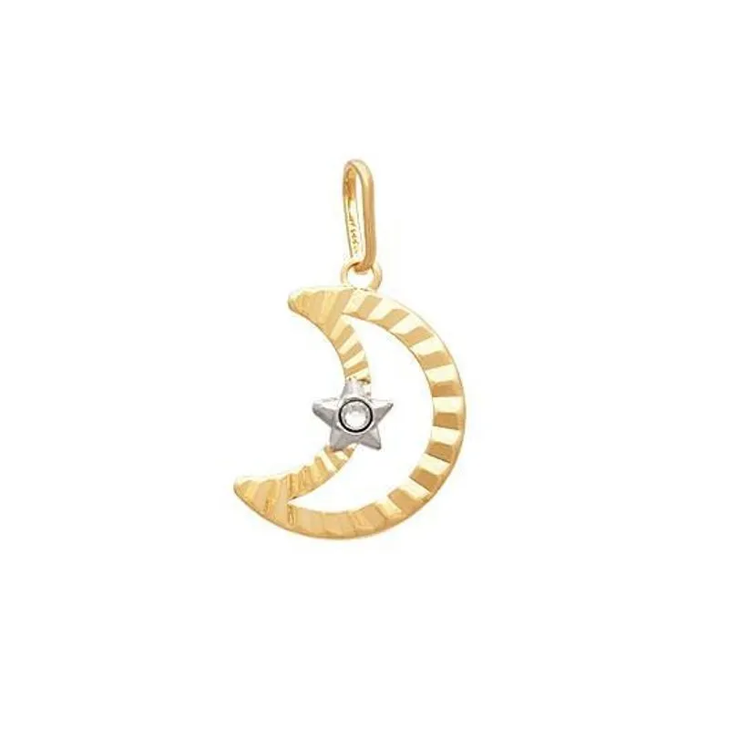 Pingente Lua Vazada Diamantada Com Estrela Chaton E Ródio
