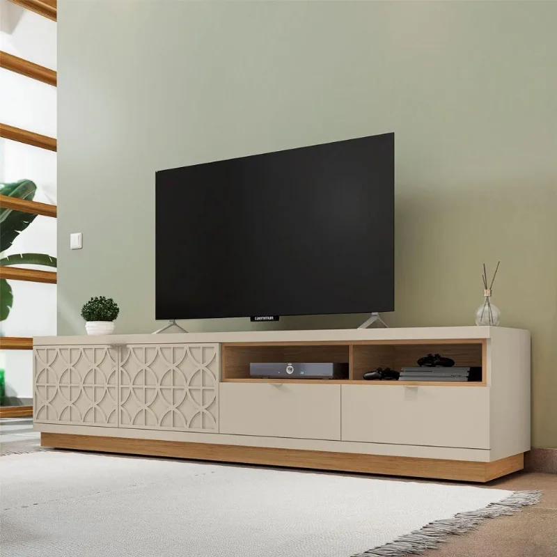 Rack Para Tv Com Portas 3D Balize Off White E Buriti