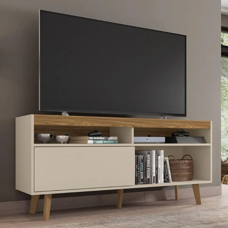 Rack Para Tv Com Porta Linsey Off White E Louro