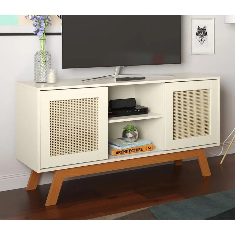 Bancada Para Tv Viena Portas Em Palha Sintética Off White