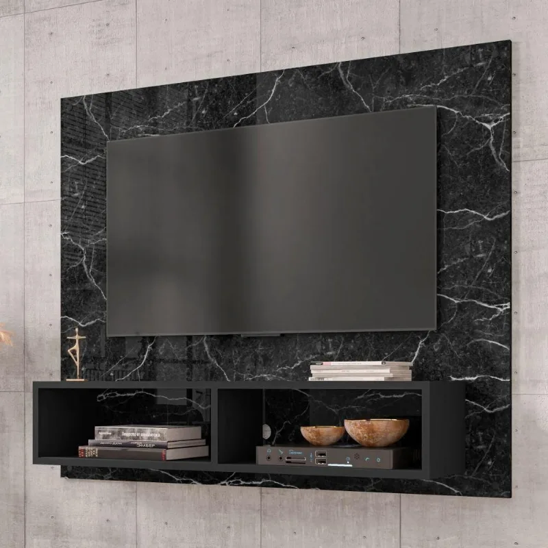 Painel Para Tv Ottawa Com 2 Nichos Nero Efeito Marmorizado