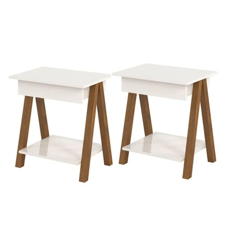 Jogo De Mesas De Cabeceira Com 1 Gaveta Amadeirado Off White