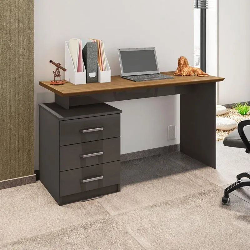 Mesa De Escritório Com Gaveteiro Marigold Grafite Freijó