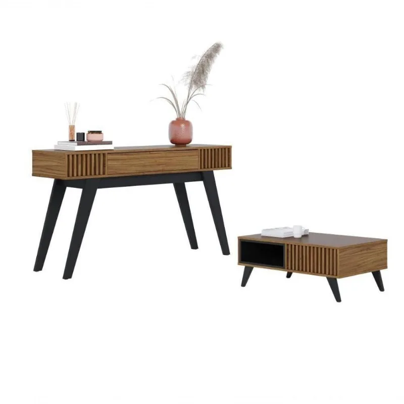 Conjunto Aparador e Mesa de Centro Riviera + Jeri MDP e MDF Noce Milano-preto Fosco Colibri Móveis