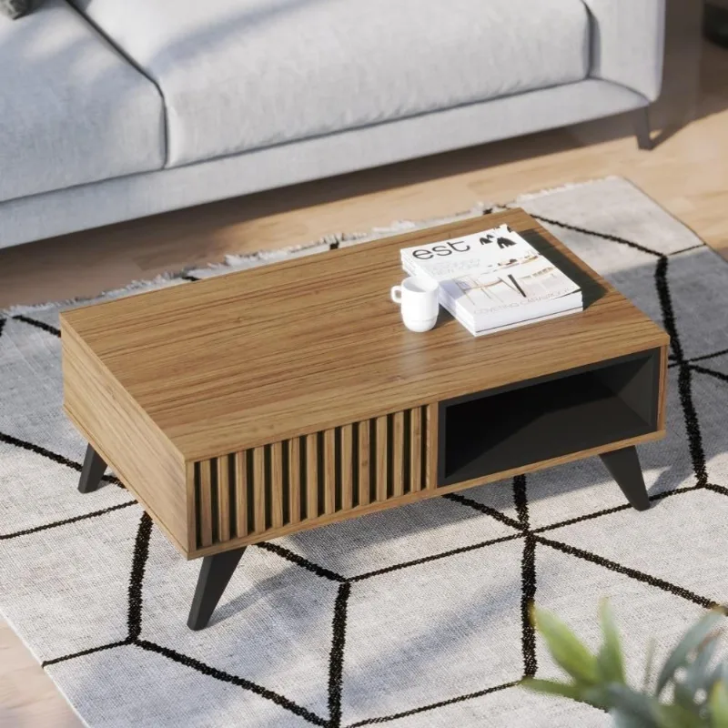 Mesa de Centro Retrô Boston Retangular MDF Pés Madeira 90,5cm Noce Milano Preto Fosco Milano