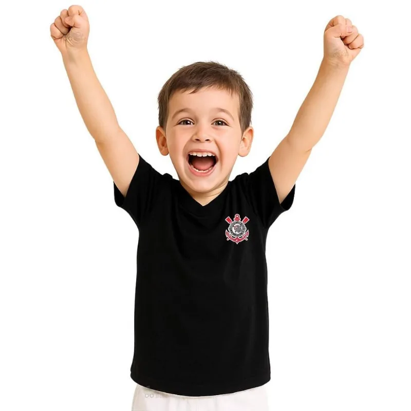 Camiseta Infantil Corinthians Preta Gola V Oficial Tam 10 / Preto