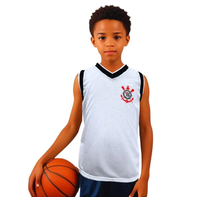 Camiseta Infantil Corinthians Regata Basket Style Oficial Tam 10 / Branco