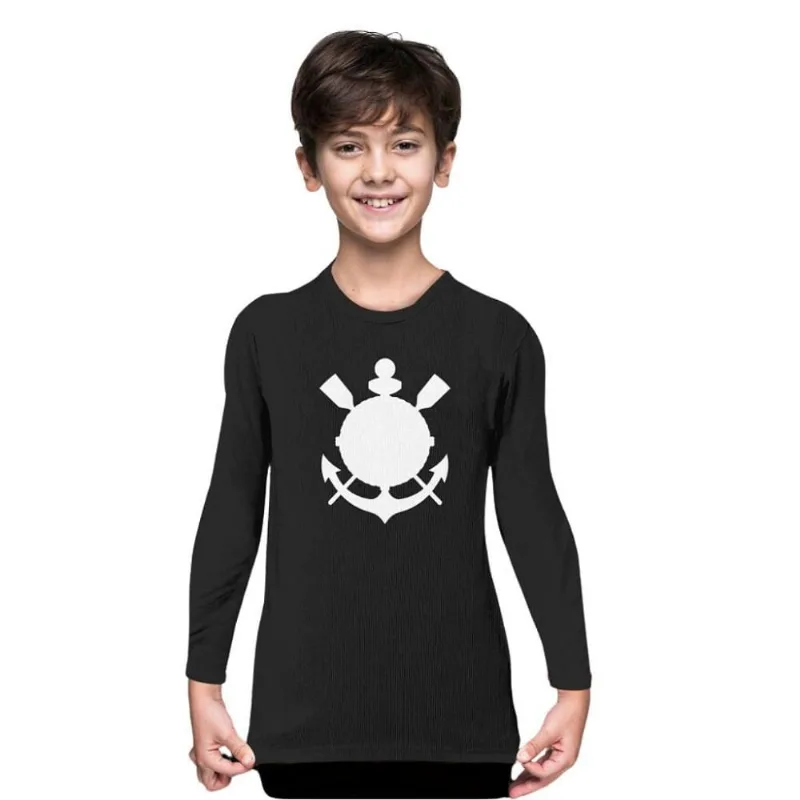 Camiseta Infantil Corinthians Manga Longa Preta Unissex Tam 6 / Preto