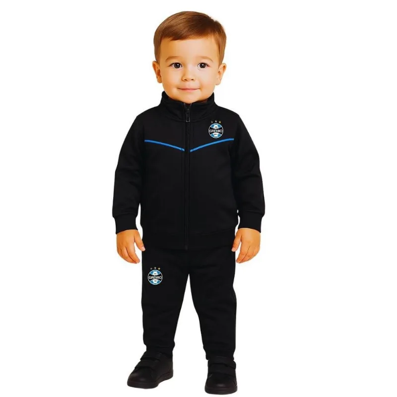 Conjunto Agasalho Preto Grêmio Infantil Jaqueta e Calça Tam 8 / Preto