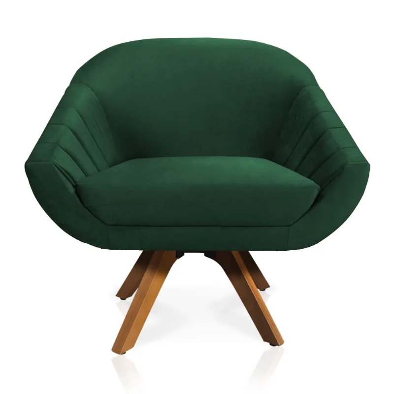 Poltrona Giratória Giovana Veludo Base Madeira MM30 - D'Rossi Verde Esmeralda - DRossi