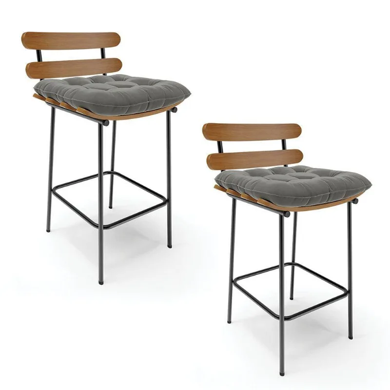 Kit 02 Banquetas Costela Suede Base Metal Grafite