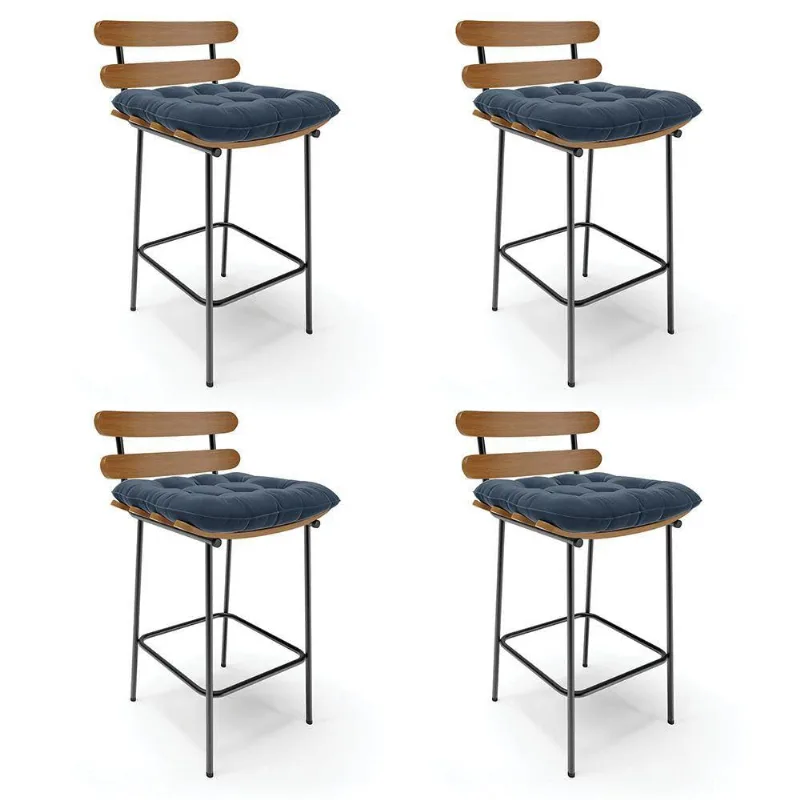 Kit 04 Banquetas Costela Suede Base Metal Azul Marinho