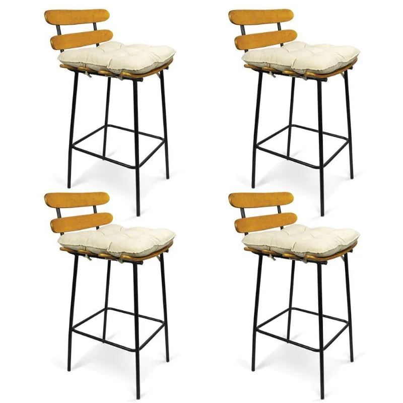 Kit 04 Banquetas Costela Suede Bege Base Metal