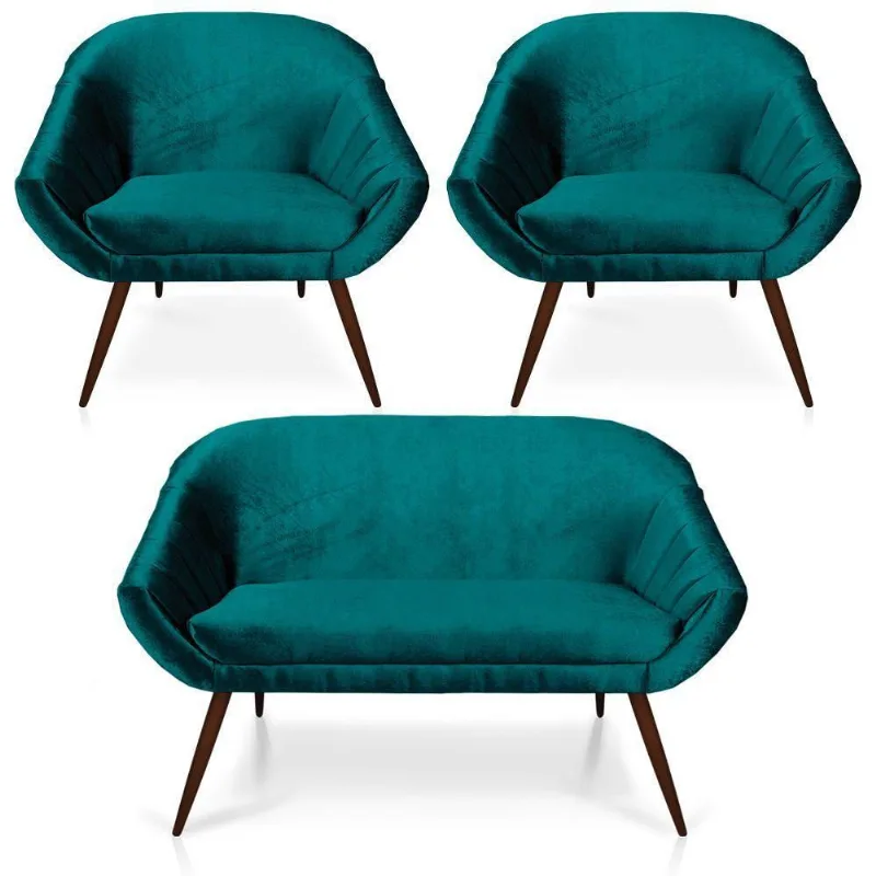 Kit 01 Namoradeira 02 Lugares E 02 Poltronas Giovana Acetinado Azul