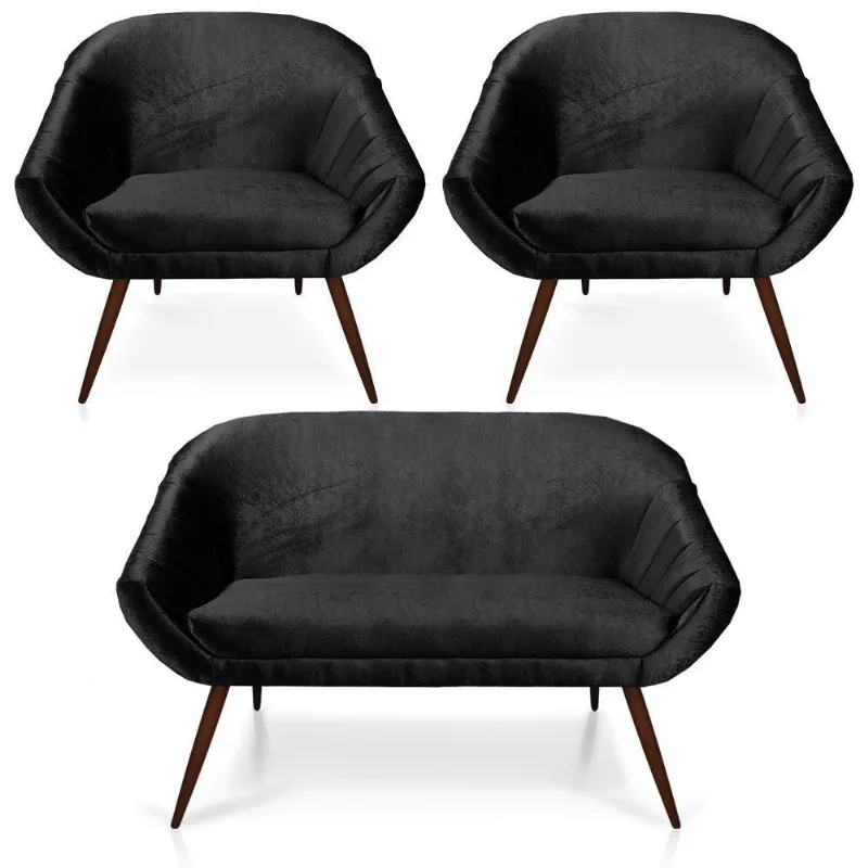 Kit 01 Namoradeira 02 Lugares E 02 Poltronas Giovana Acetinado Preto