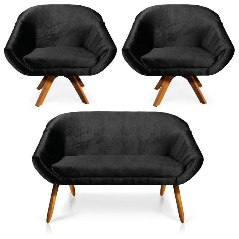 Kit 01 Namoradeira 02 Lugares E 02 Poltronas Giratória Giovana Acetinado Base Madeira Preto