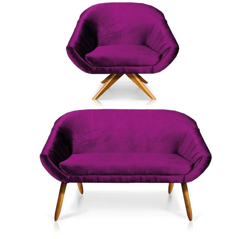 Kit 01 Namoradeira 02 Lugares E 01 Poltrona Giratória Giovana Acetinado Roxo Base Madeira