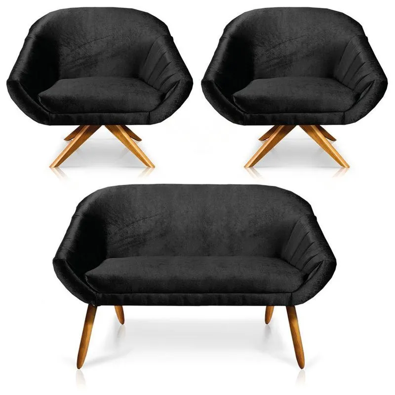 Kit 01 Namoradeira 02 Lugares E 02 Poltronas Giratória Giovana Acetinado Preto Base Madeira