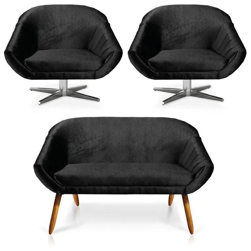 Kit 01 Namoradeira 02 Lugares E 02 Poltronas Giratória Giovana Acetinado Base Cromada Preto