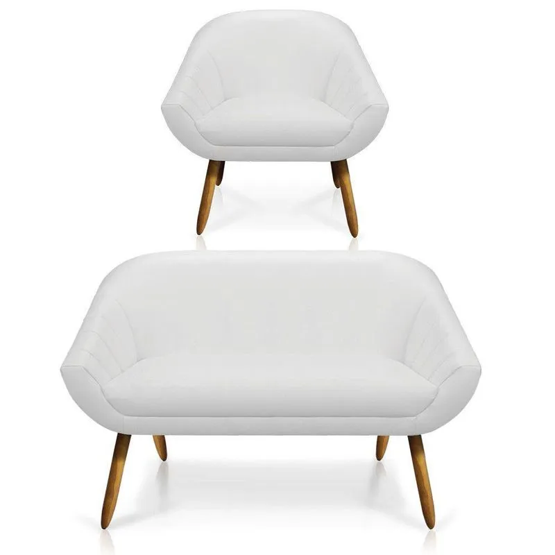 Kit 01 Namoradeira 02 Lugares E 01 Poltrona Giovana Corino Pés Palito Castanho Branco