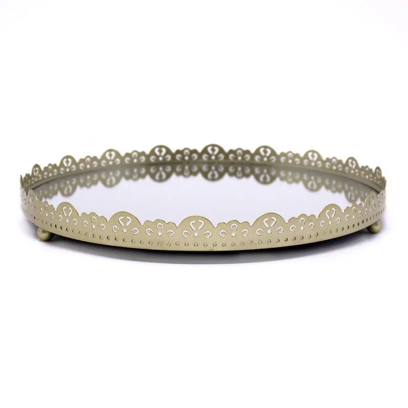 Bandeja Em Metal Flor Dourada Com Espelho 2x22x22 Cm