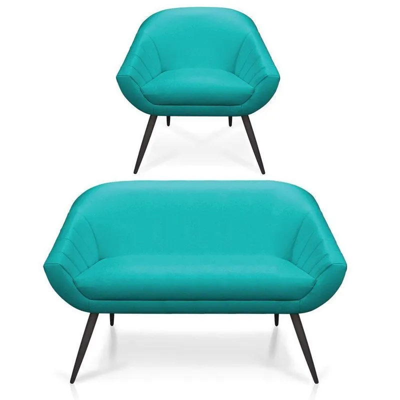 Kit 01 Namoradeira 02 Lugares E 01 Poltrona Giovana Corino Azul Turquesa Pés Palito De Ferro