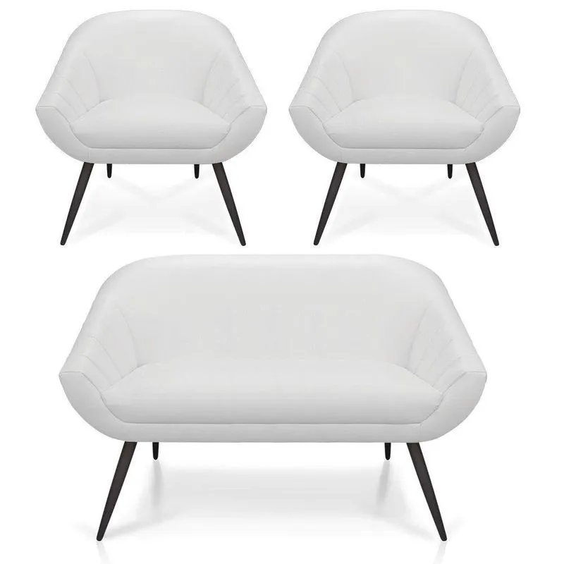 Kit 01 Namoradeira 02 Lugares E 02 Poltronas Giovana Corino Pés Palito De Ferro Branco