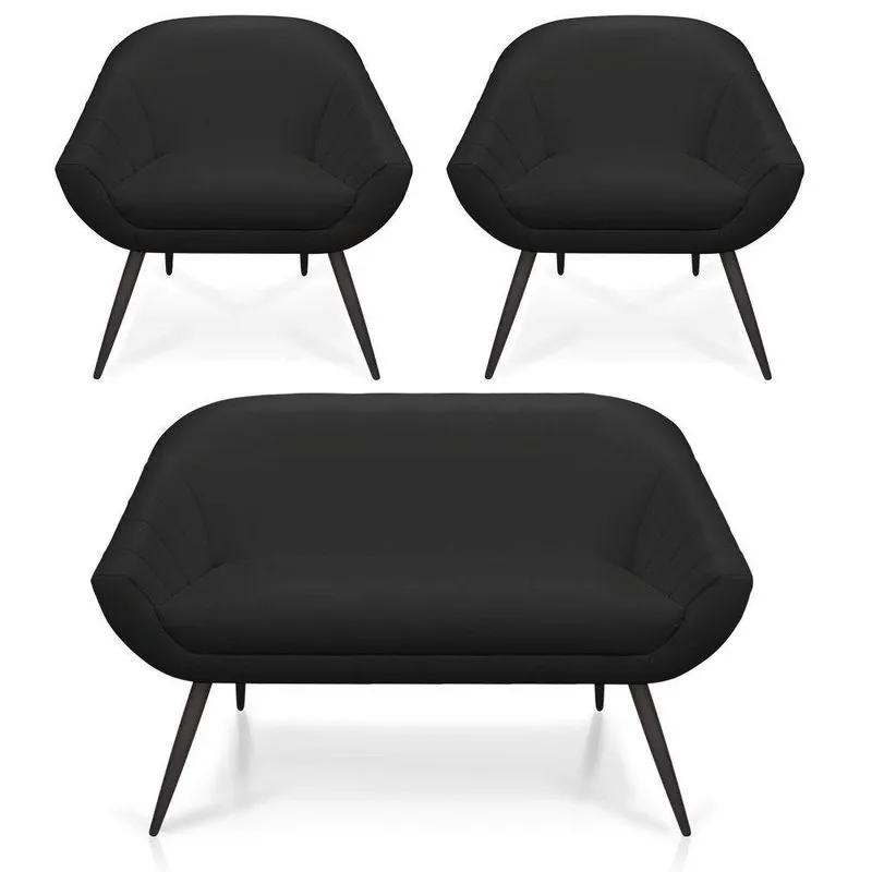 Kit 01 Namoradeira 02 Lugares E 02 Poltronas Giovana Corino Pés Palito De Ferro Preto