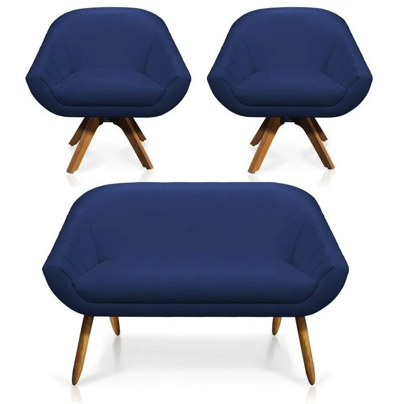 Kit 01 Namoradeira 02 Lugares E 02 Poltronas Giratória Giovana Corino Mm30 Azul Marinho