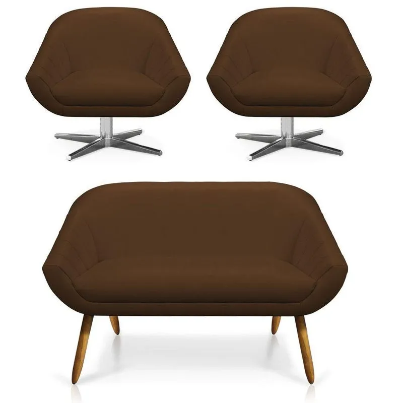 Kit 01 Namoradeira 02 Lugares E 02 Poltronas Giratória Giovana Corino Marrom Base Cromada