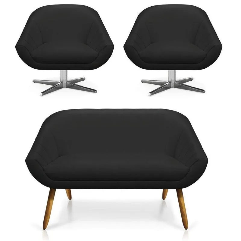 Kit 01 Namoradeira 02 Lugares E 02 Poltronas Giratória Giovana Corino Preto Base Cromada
