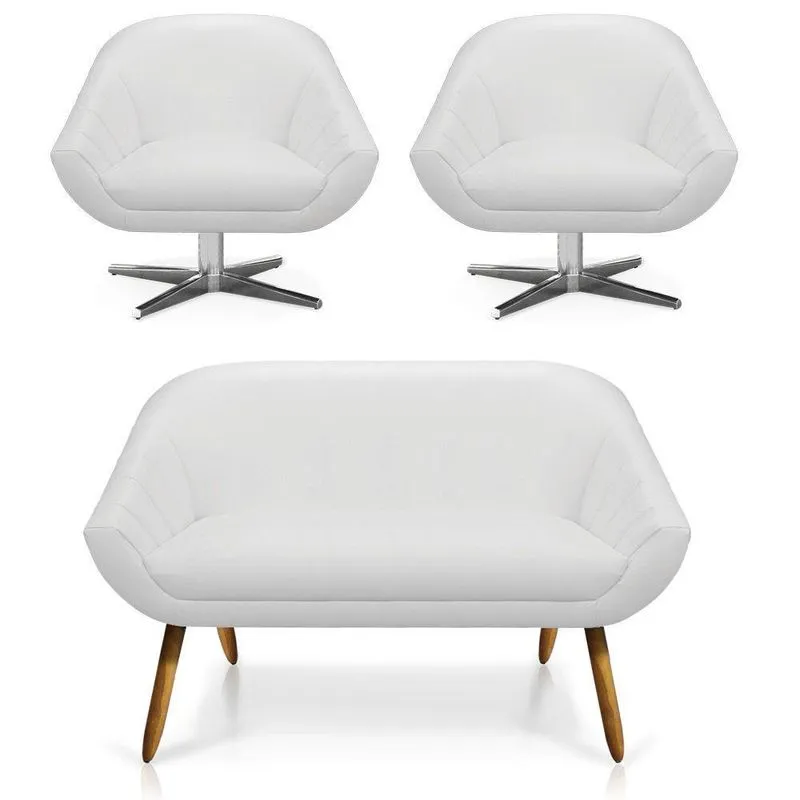 Kit 01 Namoradeira 02 Lugares E 02 Poltronas Giratória Giovana Corino Base Cromada Branco