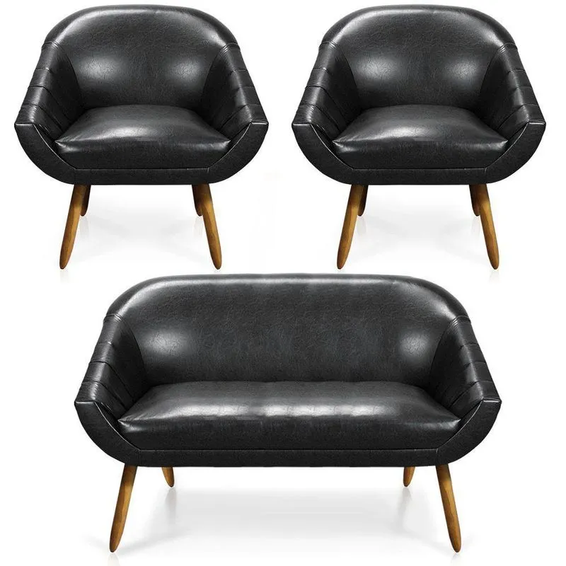 Kit 01 Namoradeira 02 Lugares E 02 Poltronas Giovana Corano Preto Pés Palito Castanho