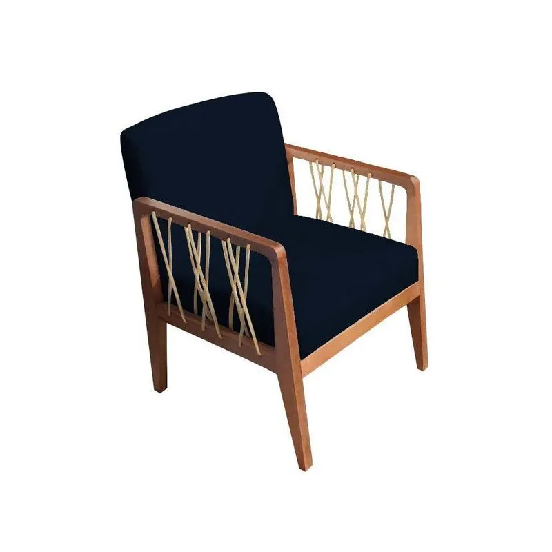 Poltrona Suede Azul Marinho Base Fixa De Madeira
