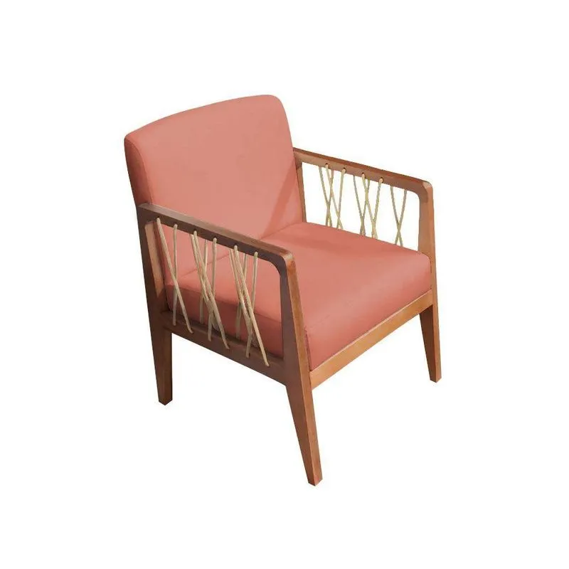 Poltrona Suede Base Fixa De Madeira Coral