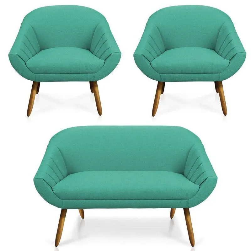 Kit 01 Namoradeira 02 Lugares E 02 Poltronas Giovana Linho Pés Palito Castanho A115 Azul Pavão