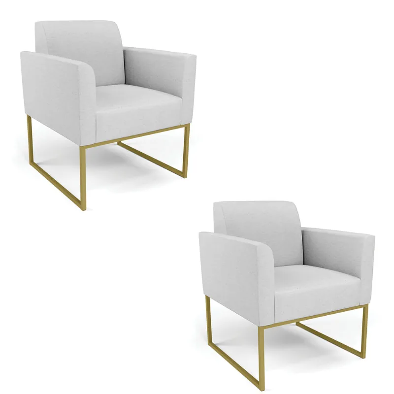 Kit 2 Poltronas Base Industrial Dourado Marisa Linho Cinza A05 D03 - D'Rossi - DRossi