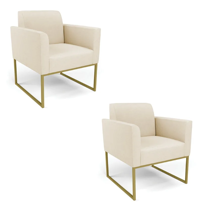 Kit 2 Poltronas Base Industrial Dourado Marisa Linho Bege A19 D03 - D'Rossi - DRossi