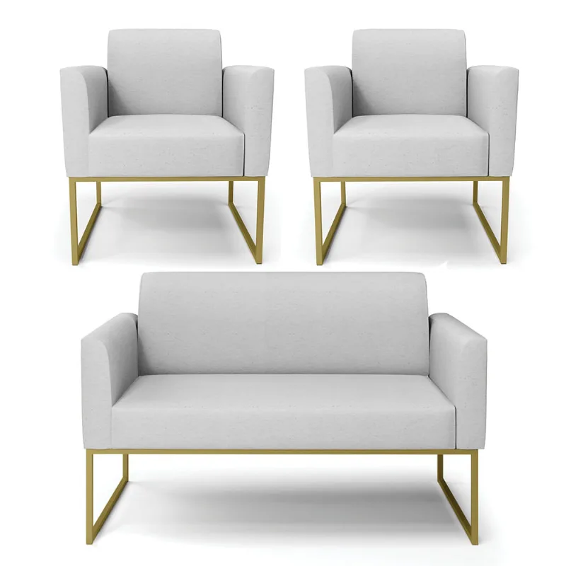 Sofá Namoradeira com 2 Poltronas Base Industrial Dourado Marisa Linho Cinza A05 D03 - D?Rossi - DRossi