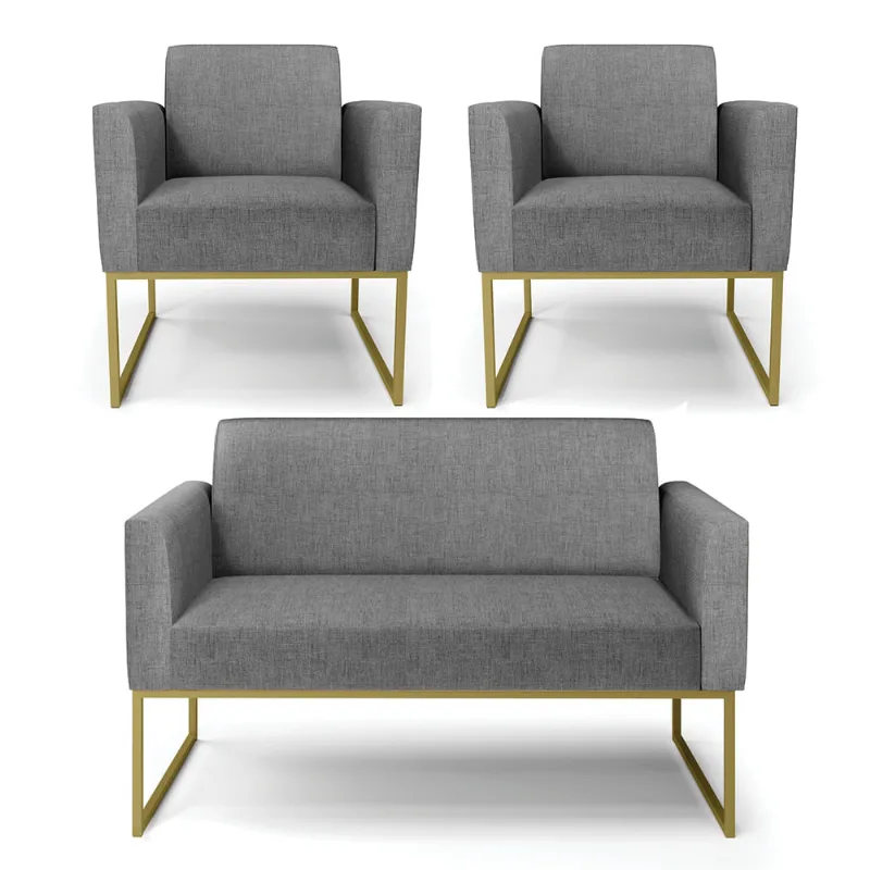 Sofá Namoradeira com 2 Poltronas Base Industrial Dourado Marisa Linho Grafite A26 D03 - D?Rossi - DRossi