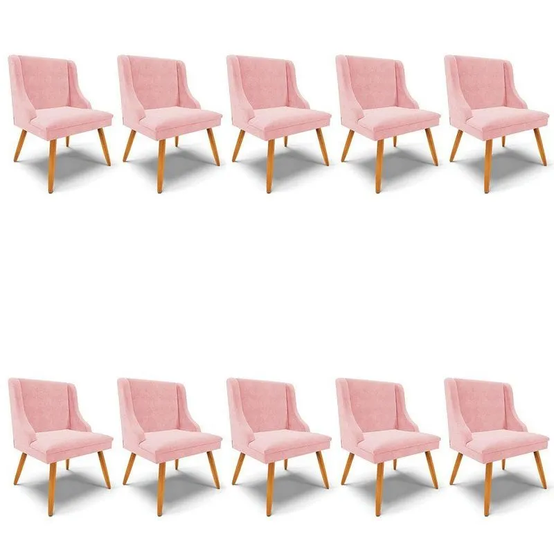 Kit 10 Cadeiras De Jantar Liz Suede Rosa Bebê Pés Palito Castanho